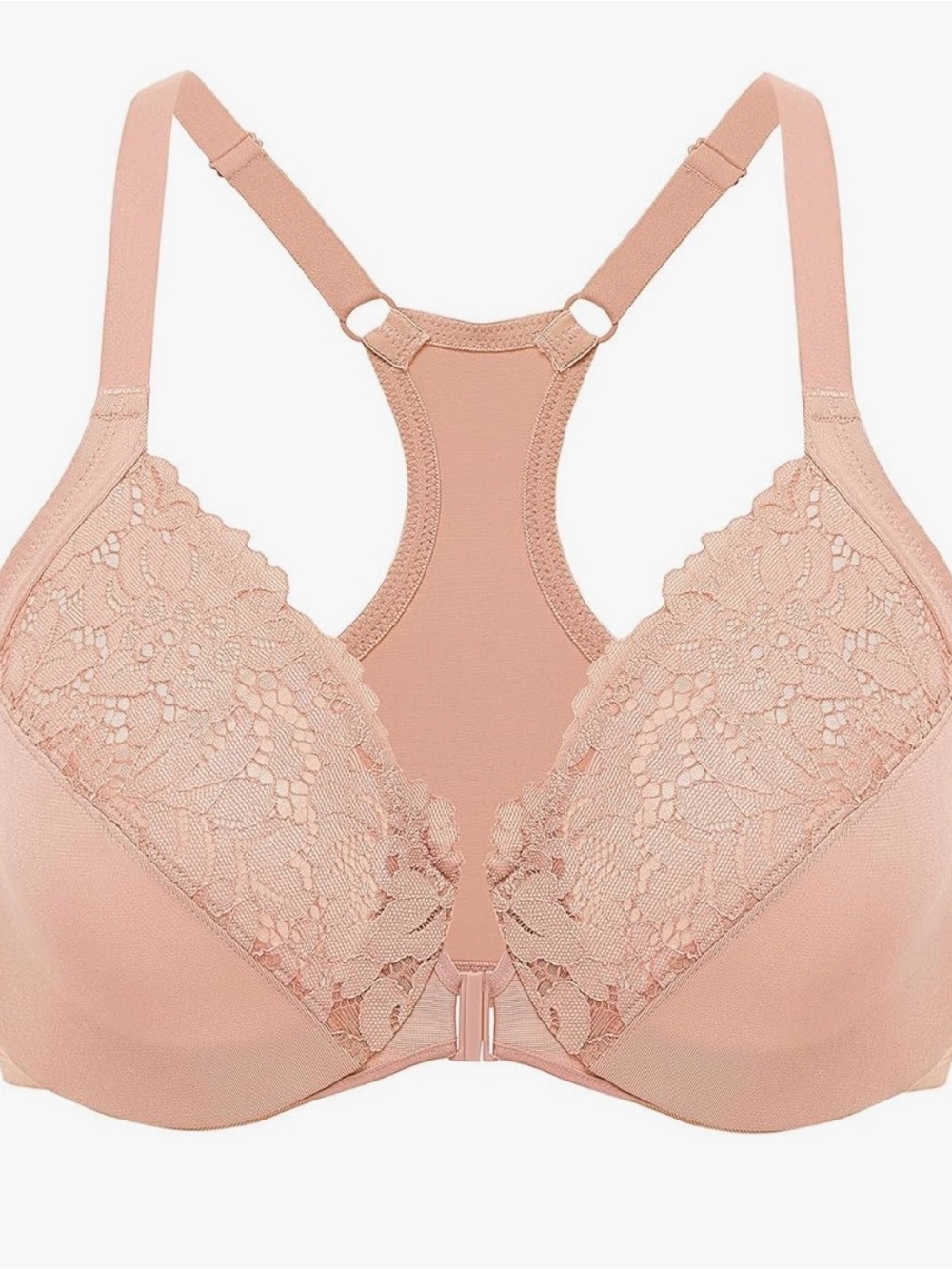 Front-Closure Lace Racerback Bra in Blush Pink
